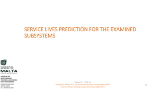 SERVICE LIVES PREDICTION FOR THE EXAMINED
SUBSYSTEMS
Session 4 - 17.03.16
Georgios K. Bekas et.al - Structural optimization including whole life
cost of a timber building using evolutionary algorithms
23
EUROPE & THE
MEDITERRANEAN
TOWARDS A SUSTAINABLE
BUILT ENVIRONMENT.
Excelsior Grand Hotel
Valletta, Malta.
16 – 18th March 2016
 