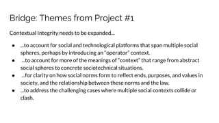 Bridge: Themes from Project #1
Contextual Integrity needs to be expanded...
● ...to account for social and technological platforms that span multiple social
spheres, perhaps by introducing an “operator” context.
● ...to account for more of the meanings of “context” that range from abstract
social spheres to concrete sociotechnical situations.
● ...for clarity on how social norms form to reflect ends, purposes, and values in
society, and the relationship between these norms and the law.
● ...to address the challenging cases where multiple social contexts collide or
clash.
 