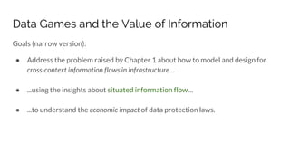 Data Games and the Value of Information
Goals (narrow version):
● Address the problem raised by Chapter 1 about how to model and design for
cross-context information flows in infrastructure…
● ...using the insights about situated information flow…
● ...to understand the economic impact of data protection laws.
 