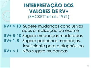 INTERPRETAÇÃO DOS
VALORES DE RV+
(SACKETT et al., 1991)
RV+ > 10 Sugere mudanças conclusivas
após a realização do exame
RV+ 5-10 Sugere mudanças moderadas
RV+ 1-5 Sugere pequenas mudanças,
insuficiente para o diagnóstico
RV+ < 1 Não sugere mudanças
18
 