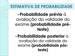 ESTIMATIVA DE PROBABILIDADE
Probabilidade prévia à
avaliação da validade do
exame (probabilidade pré-
teste)
Probabilidade posterior à
avaliação da validade do
exame (probabilidade pós-
teste)
 