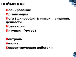 19
Планирование
Организация
Йога (философия): миссия, видение,
ценности
Мотивация
Интуиция (чутьё)
Контроль
Анализ
Корректирующие действия
ПОЙМИ КАК
 