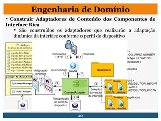 20
Engenharia de Domínio
 Construir Adaptadores de Conteúdo dos Componentes de
Interface Rica
 São construídos os adaptadores que realizarão a adaptação
dinâmica da interface conforme o perfil do dispositivo
Regra 1:
Condições
inputNode.size >
DEVICE_DISPLAY_COLUMNS_NUMBER
AND (inputNode.type == “text” OR
inputNode.type == “password”)
Ações
adaptInput(inputNode)
Regra 2:
Condições
imageNode.height >
DEVICE_DISPLAY_RESOLUTION_HEIGHT
OR imageNode.width >
DEVICE_DISPLAY_RESOLUTION_WIDTH
Ações
adaptImage(imageNode)
 