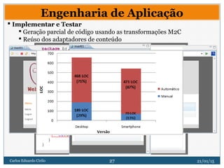 27
Engenharia de Aplicação
 Implementar e Testar
 Geração parcial de código usando as transformações M2C
 Reúso dos adaptadores de conteúdo
21/01/15Carlos Eduardo Cirilo 27
 