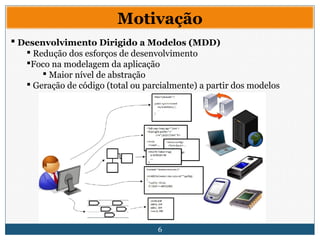 6
Motivação
 Desenvolvimento Dirigido a Modelos (MDD)
 Redução dos esforços de desenvolvimento
Foco na modelagem da aplicação
 Maior nível de abstração
 Geração de código (total ou parcialmente) a partir dos modelos
 
