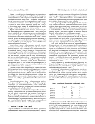 Teaching Agile with TDD and BDD SBES 2019, September 23–27, 2019, Salvador, Brazil
Durante a segunda iteração, o Grupo 2 realizou um maior número
de entregas, seguido pelo Grupo 1 e por fim Grupo 3. Neste ponto,
o Grupo 2 relatou que tinha compreendido o framework e a IDE que
auxiliou no processo de uso. O Grupo 3 afirmou que as entregas de
tarefas foram menores, porém entregaram documentações como
as histórias de usuários e os cenários. No ciclo seguinte, o Grupo
3 realizou um maior número de entregas, seguido pelo Grupo 2.
O Grupo 1 teve maior número de retrabalho relativo às tarefas
entregue por falta de integração com as novas tarefas.
A partir da terceira iteração houve mudanças para todos os gru-
pos pela pouca experiência prática dos alunos. Como o projeto era
único e iniciado do zero (software para gestão de clínica médica,
com controle de agenda dos médicos; cadastro de pacientes, médicos
e atendimento; controle dos atendimentos), todos teriam o mesmo
ponto de partida e as mesmas mudanças solicitadas pelo cliente. O
uso de práticas ágeis e o uso do JUnit pelo grupo que adotou o TDD,
e o uso do JBehave + JUnit pelo grupo que adotou o BDD, reduziu
consideravelmente o retrabalho.
Assim, o Grupo 3 passou a realizar um maior número de entregas,
com um menor número de retrabalho, seguido pelo Grupo 2. Con-
forme os alunos do Grupo 3, o trabalho inicial relacionado a escrever
as histórias de usuários e cenários, obrigou que eles obtivessem um
entendimento prévio sobre as funcionalidades, o que demorou a ser
compreendido no início de como fazer, porém reduzindo o trabalho
nas fases seguintes. O Product Owner do grupo, ficou responsável
por escrever as histórias dos usuários, e relatou ainda ser mais fácil
se comunicar com o time e com o Cliente (professor) por meio das
histórias. O Grupo 2 relatou que a tarefa de criar os testes, ape-
sar de parecer lento, fez com que o grupo conseguisse reduzir o
retrabalho pois tiveram que pensar nas entradas e saídas de cada
funcionalidade, antes de sua construção.
O Grupo 3 relatou que achou inicialmente que a utilização do
BDD atrapalharia, mesmo tendo selecionado, e que durante a primeira
iteração eles acharam que poderia ter perdido muito tempo, mas no-
taram que durante as iterações o BDD fez com que eles reduzissem
retrabalhos, além disso, os cenários auxiliaram na validação das
funcionalidades, antes mesmo de rodar o teste, pois eles tinham um
caminho para validação, que facilitava o trabalho de desenvolvi-
mento.
Na penúltima iteração, o Grupo 3 tinha concluído as tarefas e
ficou apenas trabalhando em melhorias, o Grupo 2 fez um grupo
de entregas, e na última iteração apenas o Grupo 1 ainda tinha
entregas a serem feitas. Após a execução dos ciclos foram analisados
os resultados através do Trello e Github.
Vale ressaltar que as falhas foram acompanhadas durante as
entregas, e medidas em nível de funcionalidade entregue, sendo
que cada falha foi comunicada de duas formas: a) Como cliente, o
professor dizia o que ele esperava; b) Como consultor, o professor
explicava caminhos para solucionar os problemas. Para mensurar as
falhas pretendemos utilizar uma ferramenta de gestão de defeitos,
por exemplo, Mantis. Na seção a seguir foram representados os
resultados encontrados durante a execução deste trabalho.
7 RESULTADOS E DISCUSSÃO
As práticas adotadas na aula tiveram como objetivo aproximar a
vida acadêmica da vida profissional do estudante, tal ação é essencial
para formação conforme apontado no Relatório Delors [32], assim,
observa-se que as práticas pedagógicas realizam a convergência
entre a teoria e a prática. Neste estudo, o modelo adotado traz o
princípio da autonomia, onde os grupos tiveram que decidir quais
práticas iriam adotar e como elas seriam utilizadas.
Como apontado por Gadelha e Castro [33], ao final da execução
deste trabalho, observou-se que na apresentação teórica do con-
teúdo, os alunos apresentaram pouco interesse, tanto que o Grupo
1 foi o primeiro a definir que não utilizaria as práticas ágeis durante
o desenvolvimento, os outros dois grupos definiram as práticas
somente durante a aula prática. Também foi tarefa dos alunos a
busca da melhor solução para o problema apresentado.
Ao final da execução das tarefas realizadas pelos grupos, pode-se
verificar que a utilização do BDD mostrou-se eficiente, do ponto de
vista de entrega com menos falhas, o Grupo 3 que adotou o BDD
obteve um maior rendimento, seguido do Grupo 2 que adotou o
TDD e por fim o Grupo 1 que não adotou as práticas ágeis.
Dessa forma, nota-se que as entregas de funcionalidades tam-
bém são diferentes por grupo, neste caso, não foi contabilizado o
retrabalho. O Grupo 3 iniciou mais lentamente nas entregas, porém
a partir da terceira iteração os alunos mantiveram uma quantidade
alta de entregas, melhorando sua performance. O Grupo 2 iniciou
com melhor tempo nas entregas, porém durante as iterações não
ocorreu grande evolução. O Grupo 1 obteve o melhor resultado
no tempo das entregas iniciais, mas nas iterações seguintes não
manteve a estabilidade devido a grande quantidade de erros, re-
duzindo assim, a performance geral do grupo, como pode ser visto
anteriormente na Figura 7.
Quando comparado os resultados individuais dos alunos por
Grupo de 0 a 4, é possível notar que a prática do BDD permitiu ao
Grupo 3 manter uma pontuação maior, seguido do Grupo 2, esses
dados podem ser observados na Tabela 2.
No processo de validação quanto à distribuição das notas de pro-
duto por aluno, Tabela 2, usa-se a análise de variância com o teste de
Kruskal-Wallis [34], também conhecido como Test H, que compara
três ou mais grupos em amostras independentes analisando a ex-
istência de diferenças significativas nas médias entre os valores obti-
dos. Este foi adotado devido ao fato de que o tamanho da amostra é
pequeno.
Table 2: Distribuição das notas de produto por aluno
Grupo 1 Grupo 2 Grupo 3
Aluno 1 3 4 4
Aluno 2 2 4 4
Aluno 3 1.5 2.5 4
Aluno 4 1.5 2.5 4
Aluno 5 1.5 2.5 4
Aluno 6 1.5 3 3.5
Conforme a observação da Tabela 3 é possível observar que o
resultado do teste H foi de 0.6926 do p-value, df de 5 e qui-quadrado
de 3.0479. Vale ressaltar que para esse teste foram adotados o nível
de significância de 0.05 e o intervalo de confiança de 95%. O chi-
squared ou qui-quadrado ou X2 é uma medida de divergência entre
a distribuição dos dados e uma distribuição esperada. Nesse relato
 