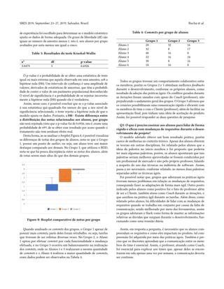SBES 2019, September 23–27, 2019, Salvador, Brazil Rocha et al.
de experiência foi escolhido para determinar se o modelo estatístico
ajusta os dados de forma adequada. Os graus de liberdade (df) são
iguais ao número da amostra menos 1, isto é, seis alunos por grupo
avaliados por nota menos um igual a cinco.
Table 3: Resultados do teste Kruskal-Wallis
x2 df p-value
3.0479 5 0.6926
O p-value é a probabilidade de se obter uma estatística de teste
igual ou mais extrema que aquela observada em uma amostra, sob a
hipótese nula (H0). Um intervalo de confiança é uma amplitude de
valores, derivados de estatísticas de amostras, que têm a probabili-
dade de conter o valor de um parâmetro populacional desconhecido.
O nível de significância é a probabilidade de se rejeitar incorreta-
mente a hipótese nula (H0) quando ela é verdadeira.
Assim, nesse caso, é possível concluir que se o p-value associado
à sua estatística qui-quadrado for menor do que a seu nível de
significância selecionado, o teste rejeita a hipótese nula de que o
modelo ajusta os dados. Portanto, a H0 - Existe diferença entre
a distribuição das notas relacionadas aos alunos, por grupo
não será rejeitada visto que o p-value foi de 0.6926, isto é, existe uma
probabilidade de 69% de se obter esse resultado por acaso quando o
tratamento não tem nenhum efeito real.
Desta forma, ao se analisar o boxplot, Figura 8, é possível visualizar
as diferenças de notas dos grupos de alunos, nota-se que o Grupo
1, possui um ponto de outlier, ou seja, um aluno teve um maior
destaque comparado aos demais. No Grupo 3, que utilizou o BDD,
nota-se que há pouca discrepância entre as notas dos alunos, além
de estas serem mais altas do que dos demais grupos.
Figure 8: Boxplot comparativo de notas por grupo
Quando analisado os commits dos grupos, o Grupo 1 apesar de
possuir mais commits, parte deles foram retrabalho, ou seja, tarefas
que tiveram de ser refeitas diversas vezes. No Grupo 2, o Aluno
1 optou por efetuar commit por cada funcionalidade e mudança
efetuada, e no Grupo 3 ocorreu um balanceamento na realização
dos commits, onde os Alunos 1 e 5 realizaram a mesma quantidade
de commits e o Aluno 4 realizou a maior quantidade de commits,
esses dados podem ser observados na Tabela 4.
Table 4: Commits por grupo de alunos
Grupo 1 Grupo 2 Grupo 3
Aluno 1 20 32 16
Aluno 2 32 8 17
Aluno 3 40 16 8
Aluno 4 22 16 24
Aluno 5 30 8 16
Aluno 6 18 16 8
Todos os grupos tiveram um comportamento colaborativo entre
os membros, porém os Grupos 2 e 3 obtinham melhores feedbacks
durante o desenvolvimento, conforme os próprios alunos, como
resultado da adoção das práticas ágeis. Os conflitos gerados durante
as iterações foram sanados com apoio do Coach (professor), não
prejudicando o andamento geral dos grupos. O Grupo 3 afirmou que
os cenários possibilitaram uma comunicação rápida e eficiente com
os membros do time e com o Cliente (professor), além de facilitar na
apresentação final, pois tinham uma ideia de aceitação do produto.
Assim, foi possível responder as duas questões de pesquisa:
Q1: O que é preciso ensinar aos alunos para lidar de forma
rápida e eficaz com mudanças de requisitos durante o desen-
volvimento do projeto?
O modelo adotado obteve um bom resultado prático, porém
carece de melhorias no contexto teórico. Apesar dos alunos obterem
as teorias em outras disciplinas, foi relatado pelos alunos que a
ideia da palestra no início auxiliou e foi proposto que poderia
ter mais algumas palestras, porém, os alunos apontaram que tais
palestras seriam melhores aproveitadas se fossem conduzidas por
um profissional de mercado e não pelo próprio professor, falando
a respeito do uso das técnicas na indústria de software. Assim,
passa a ser necessário, conforme relatado, ao menos duas palestras
separadas sobre as técnicas ágeis.
Foi possível notar que, grupos que adoraram as práticas ágeis
tiveram menos problemas em relação as mudanças de requisitos,
conseguindo fazer as adaptações de forma mais ágil. Outro ponto
indicado pelos alunos como positivo foi o fato do professor além
de ser o Cliente, também atuou como Coach durante as iterações, o
que auxiliou na prática ágil durante as tarefas. Além disso, como
relatado pelos alunos, há dificuldades de lidar com as mudanças de
requisitos quando se trabalha em conjunto por causa da falta de
comunicação, sendo melhorado por meio das ferramentas, assim
os grupos adotaram o Slack como forma de manter as informações
relativas as dúvidas que surgiam durante o desenvolvimento, fun-
cionando como uma reunião diária.
Assim, em resposta a pergunta, é necessário que os alunos com-
preendam os requisitos e como eles impactam no produto, tal com-
preensão foi adquirida por meio das práticas ágeis. Também é pre-
ciso que os discentes aprendam que a comunicação entre os mem-
bros do time é essencial. Assim, o professor, atuando como Coach,
foi essencial para explicar aos times que, apesar deles se encon-
trarem em sala apenas uma vez por semana, a comunicação deveria
ser continua.
 