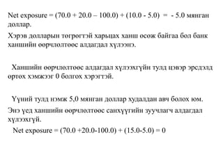 Net exposure = (70.0 + 20.0 – 100.0) + (10.0 - 5.0) = - 5.0 мянган
доллар.
Хэрэв долларын төгрөгтэй харьцах ханш өсөж байгаа бол банк
ханшийн өөрчлөлтөөс алдагдал хүлээнэ.
Ханшийн өөрчлөлтөөс алдагдал хүлээхгүйн тулд цэвэр эрсдэлд
өртөх хэмжээг 0 болгох хэрэгтэй.
Үүний тулд нэмж 5,0 мянган доллар худалдан авч болох юм.
Энэ үед ханшийн өөрчлөлтөөс санхүүгийн зуучлагч алдагдал
хүлээхгүй.
Net exposure = (70.0 +20.0-100.0) + (15.0-5.0) = 0
 