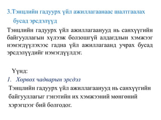 3.Тэнцлийн гадуурх үйл ажиллагаанаас шалтгаалах
бусад эрсдэлүүд
Тэнцлийн гадуурх үйл ажиллагаанууд нь санхүүгийн
байгууллагын хүлээж болзошгүй алдагдлын хэмжээг
нэмэгдүүлэхээс гадна үйл ажиллагаанд учрах бусад
эрсдэлүүдийг нэмэгдүүлдэг.
Үүнд:
1. Хөрвөх чадварын эрсдэл
Тэнцлийн гадуурх үйл ажиллагаанууд нь санхүүгийн
байгууллагыг гэнэтийн их хэмжээний мөнгөний
хэрэгцээг бий болгодог.
 