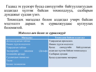 Гадаад эх үүсвэрт бусад санхүүгийн байгууллагуудын
алдагдал хүлээж байсан тохиолдлууд, салбарын
дундажыг судлан үзнэ.
Тохиолдох магадлал болон алдагдал учирч байсан
мэдээллээ дараах эх сурвалжуудаас цуглуулах
боломжтой.
Мэдээлэл авч болох эх сурвалжууд
Магадлал Тохиолдож байсан алдагдал
Дотоод аудитын тайлан
Өмнөх түүхэн мэдээлэл
Удирдлагын тайлан
Экспертийн зөвлөмж (Дельфи
техникийн аргаар)
Судлаачдын таамаглал
Төсөв
Бизнес төлөвлөгөө
Удирдлагын ярилцлага
Өмнөх түүхэн мэдээлэл
Бусад санхүүгийн байгууллагын
алдагдал хүлээж байсан тохиолдлууд
Салбарын дундаж
Бусад судалгааны материал
 
