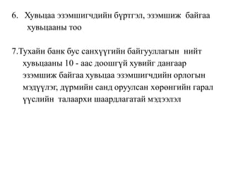 6. Хувьцаа эзэмшигчдийн бүртгэл, эзэмшиж байгаа
хувьцааны тоо
7.Тухайн банк бус санхүүгийн байгууллагын нийт
хувьцааны 10 - аас доошгүй хувийг дангаар
эзэмшиж байгаа хувьцаа эзэмшигчдийн орлогын
мэдүүлэг, дүрмийн санд оруулсан хөрөнгийн гарал
үүслийн талаархи шаардлагатай мэдээлэл
 