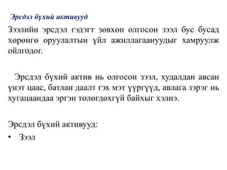 Эрсдэл бүхий активууд
Зээлийн эрсдэл гэдэгт зөвхөн олгосон зээл бус бусад
хөрөнгө оруулалтын үйл ажиллагаануудыг хамруулж
ойлгодог.
Эрсдэл бүхий актив нь олгосон зээл, худалдан авсан
үнэт цаас, батлан даалт гэх мэт үүргүүд, авлага зэрэг нь
хугацаандаа эргэн төлөгдөхгүй байхыг хэлнэ.
Эрсдэл бүхий активууд:
• Зээл
 