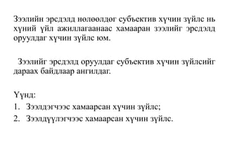 Зээлийн эрсдэлд нөлөөлдөг субъектив хүчин зүйлс нь
хүний үйл ажиллагаанаас хамааран зээлийг эрсдэлд
оруулдаг хүчин зүйлс юм.
Зээлийг эрсдэлд оруулдаг субъектив хүчин зүйлсийг
дараах байдлаар ангилдаг.
Үүнд:
1. Зээлдэгчээс хамаарсан хүчин зүйлс;
2. Зээлдүүлэгчээс хамаарсан хүчин зүйлс.
 