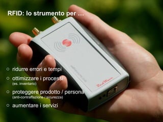 RFID: lo strumento per …




o ridurre errori e tempi
o ottimizzare i processi
  (es. inventario)

o proteggere prodotto / persona
  (anti-contraffazione / sicurezza)

o aumentare i servizi
 