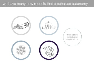 we have many new models that emphasise autonomy
Dual organisation Holacracy
Connected
company
New ad hoc
models and
combinations
Cell designCell design
 