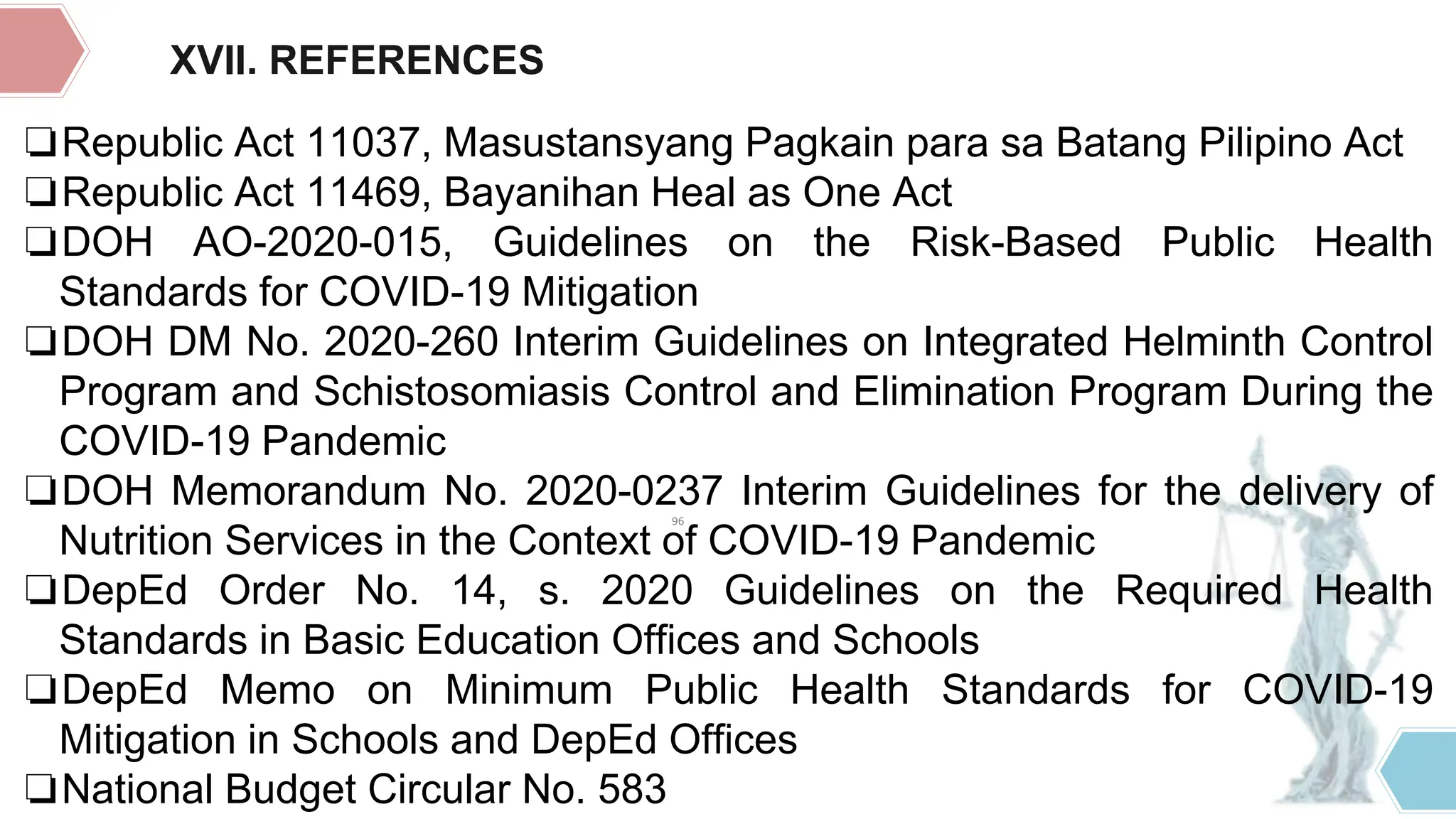 96
❏Republic Act 11037, Masustansyang Pagkain para sa Batang Pilipino Act
❏Republic Act 11469, Bayanihan Heal as One Act
❏DOH AO-2020-015, Guidelines on the Risk-Based Public Health
Standards for COVID-19 Mitigation
❏DOH DM No. 2020-260 Interim Guidelines on Integrated Helminth Control
Program and Schistosomiasis Control and Elimination Program During the
COVID-19 Pandemic
❏DOH Memorandum No. 2020-0237 Interim Guidelines for the delivery of
Nutrition Services in the Context of COVID-19 Pandemic
❏DepEd Order No. 14, s. 2020 Guidelines on the Required Health
Standards in Basic Education Offices and Schools
❏DepEd Memo on Minimum Public Health Standards for COVID-19
Mitigation in Schools and DepEd Offices
❏National Budget Circular No. 583
XVII. REFERENCES
 