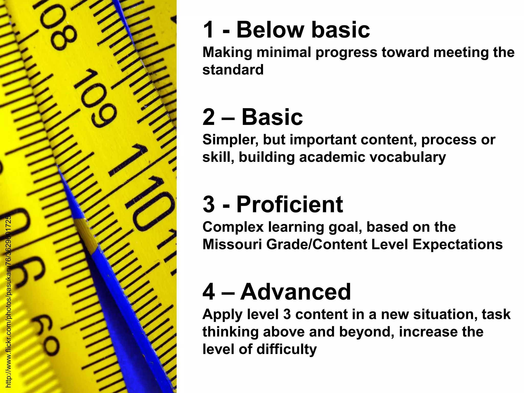 1 - Below basic
                                                      Making minimal progress toward meeting the
                                                      standard


                                                      2 – Basic
                                                      Simpler, but important content, process or
                                                      skill, building academic vocabulary


                                                      3 - Proficient
http://www.flickr.com/photos/pasukaru76/3629601725/




                                                      Complex learning goal, based on the
                                                      Missouri Grade/Content Level Expectations


                                                      4 – Advanced
                                                      Apply level 3 content in a new situation, task
                                                      thinking above and beyond, increase the
                                                      level of difficulty
 