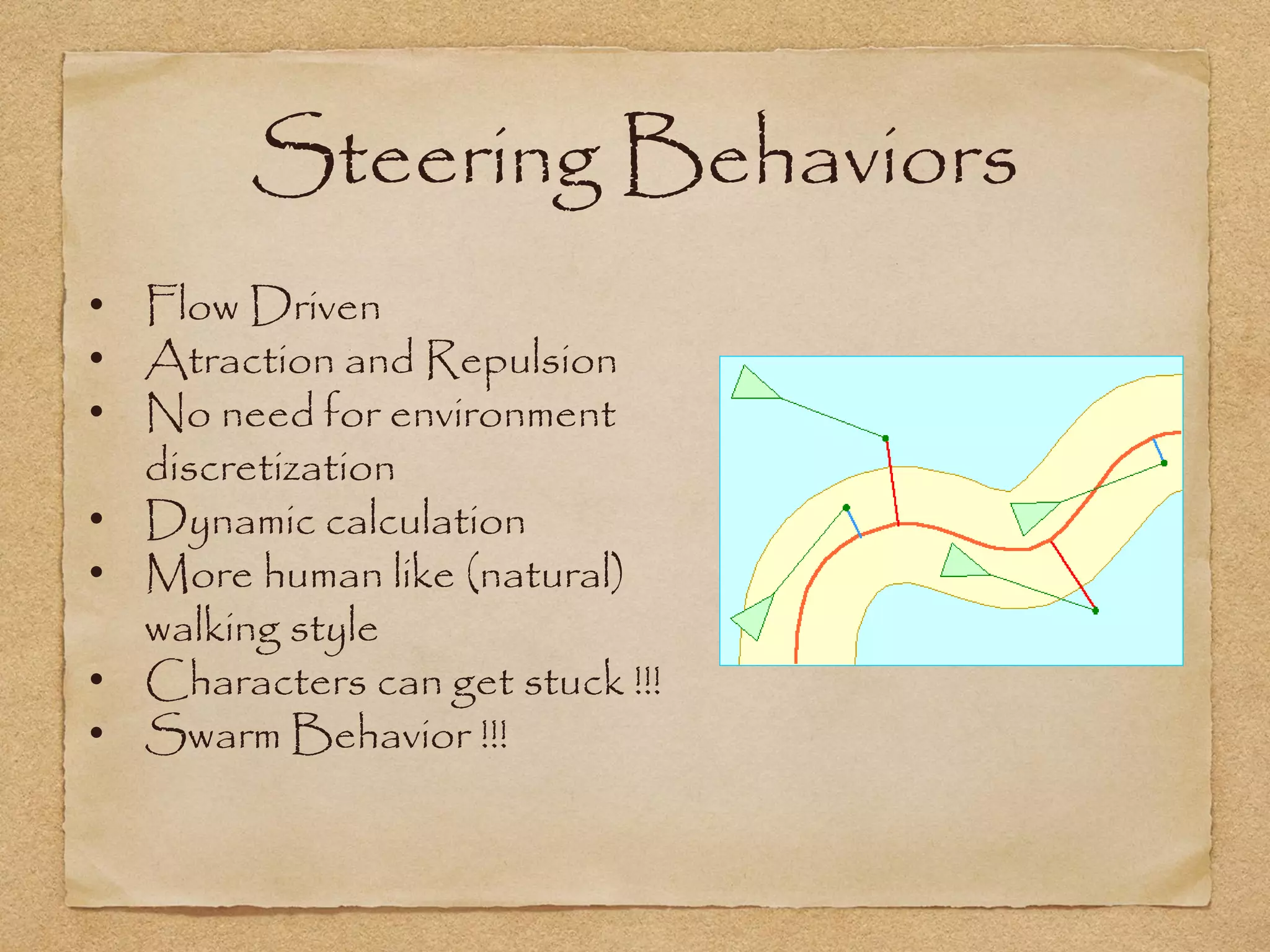 Steering Behaviors
• Flow Driven
• Atraction and Repulsion
• No need for environment
  discretization
• Dynamic calculation
• More human like (natural)
  walking style
• Characters can get stuck !!!
• Swarm Behavior !!!
 