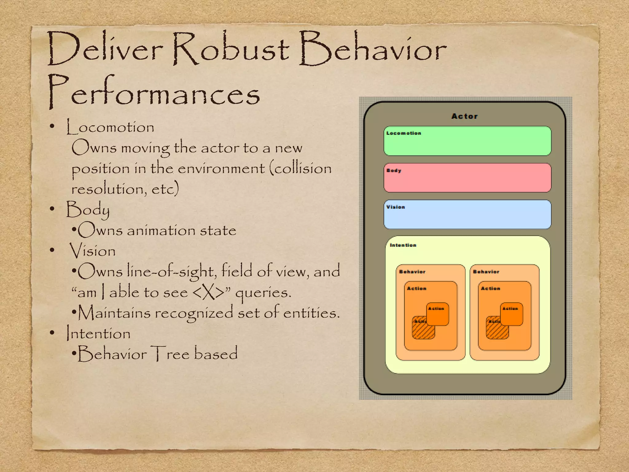 Deliver Robust Behavior
Performances
• Locomotion
   Owns moving the actor to a new
   position in the environment (collision
   resolution, etc)
• Body
   •Owns animation state
• Vision
   •Owns line-of-sight, field of view, and
   “am I able to see <X>” queries.
   •Maintains recognized set of entities.
• Intention
   •Behavior Tree based
 