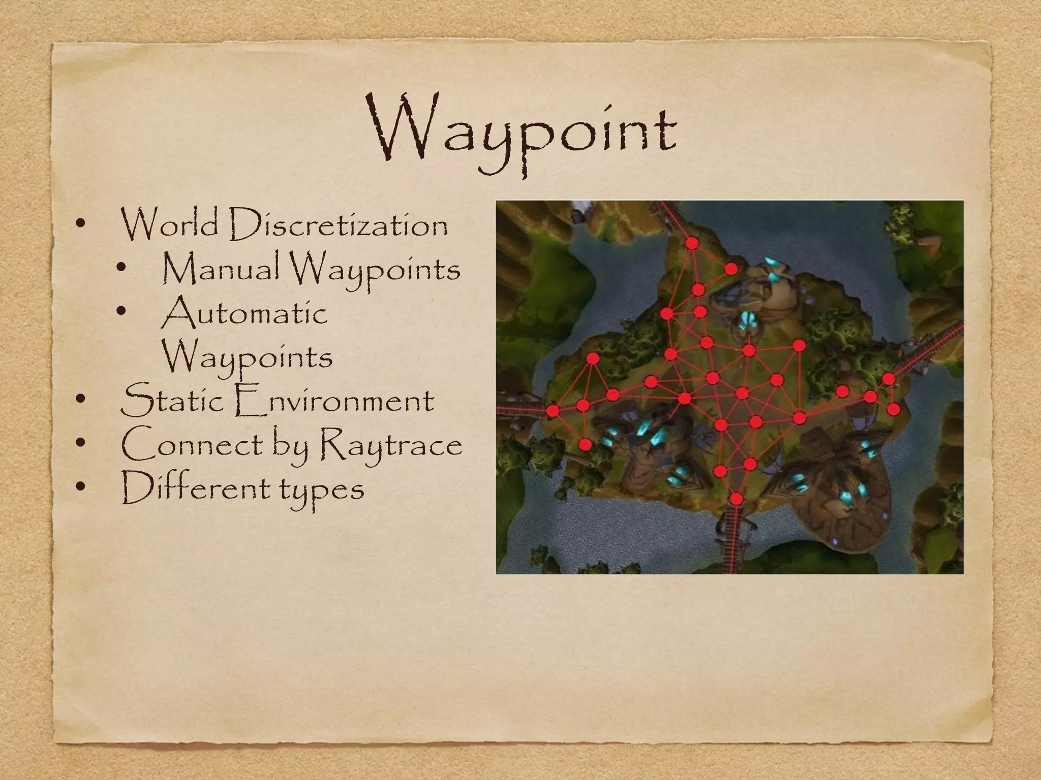 Waypoint
• World Discretization
  • Manual Waypoints
  • Automatic
    Waypoints
• Static Environment
• Connect by Raytrace
• Different types
 