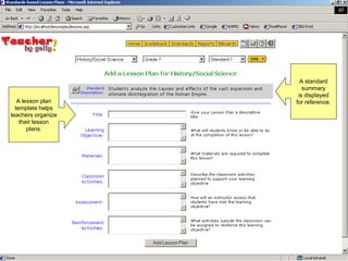 A lesson plan template helps teachers organize their lesson plans. A standard summary is displayed for reference. 
