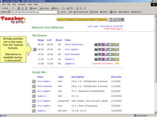 All daily activities are a click away from the Teacher Console. Attendance is available during  a class period. 