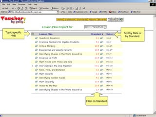 Topic-specific Help Sort by Date or by Standard. Filter on Standard. 