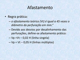 Afastamento
• Regra prática:
– o afastamento teórico (Vt) é igual a 45 vezes o
diâmetro da perfuração em mm.“
– Devido aos desvios por desalinhamento das
perfurações, define-se afastamento prático:
– Vp =Vt – 0,02 H (linha singela)
– Vp = Vt – 0,05 H (linhas múltiplas)
 