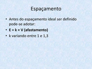 Espaçamento
• Antes do espaçamento ideal ser definido
pode-se adotar:
• E = k × V (afastamento)
• k variando entre 1 e 1,3
 