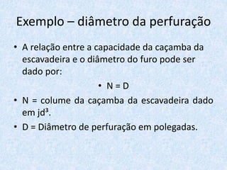 Exemplo – diâmetro da perfuração
• A relação entre a capacidade da caçamba da
escavadeira e o diâmetro do furo pode ser
dado por:
• N = D
• N = colume da caçamba da escavadeira dado
em jd³.
• D = Diâmetro de perfuração em polegadas.
 