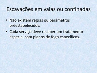 Escavações em valas ou confinadas
• Não existem regras ou parâmetros
préestabelecidos.
• Cada serviço deve receber um tratamento
especial com planos de fogo específicos.
 