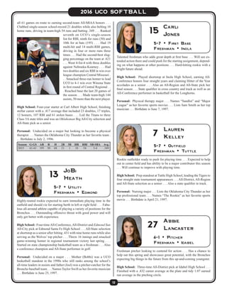 12
2016 UCO SOFTBALL
Talented freshman who adds great depth at first base . . . Will see ex-
tended action there and could push for the starting assignment, depend-
ing on what happens at other positions . . . Hard-hitting rookie with a
bright future ahead.
High School: Played shortstop at Inola High School, earning All-
Conference honors four straight years and claiming Hitter of the Year
accolades as a senior . . . Also an All-Region and All-State pick her
final season . . . State qualifier in cross country and track as well as an
All-Conference performer in basketball for the Longhorns.
Personal: Physical therapy major . . . Names “Sandlot” and “Major
League” as her favorite sports movies . . . Lists Sam Smith as her top
musician . . . Birthdate is June 7, 1997.
5-7 • First Base
Freshman • Inola
Carli
Jones15
Freshman pitcher looking to contend for action . . . Has a chance to
help out this spring and showcases great potential, with the Bronchos
expecting big things in the future from this up-and-coming youngster.
High School: Three-time All-District pick at Idabel High School . . .
Finished with a .432 career average at the plate and tidy 1.07 earned
run average in the pitching circle.
6-1 • Pitcher
Freshman • Idabel
Abbie
Lancaster27
Rookie outfielder ready to push for playing time . . . Expected to help
out in center field and has ability to be a major contributor this season
. . . Will continue to improve with playing time.
High School: Prep standout at Tuttle High School, leading the Tigers to
four straight state tournament appearances . . . All-District, All-Region
and All-State selection as a senior . . . Also a state qualifier in track.
Personal: Nursing major . . . Lists the Oklahoma City Thunder as her
top professional team . . . Names “The Rookie” as her favorite sports
movie . . . Birthdate is April 21, 1997.
5-7 • Outfield
Freshman • Tuttle
Lauren
Kelley7
Highly-touted rookie expected to earn immediate playing time in the
outfield and should vie for starting berth in left or right field . . . Fabu-
lous all-around athlete capable of playing a variety of positions for the
Bronchos . . . Outstanding offensive threat with good power and will
only get better with experience.
High School: Four-timeAll-Conference,All-District and Edmond Sun
All-City pick at Edmond Santa Fe High School . . . All-State selection
at shortstop as a senior after hitting .431 with nine home runs while also
serving as the Wolves’ top pitcher . . . Threw 16 innings and smacked
game-winning homer in regional tournament victory last spring . . .
Started on state championship basketball team as a freshman . . . Also
a conference champion and All-State performer in golf.
Personal: Undecided on a major . . . Mother (Bobbi) was a UCO
basketball standout in the 1990s who still ranks among the school’s
all-time leaders in assists and father (Joel) was a pitcher-catcher for the
Broncho baseball team . . . Names Taylor Swift as her favorite musician
. . . Birthdate is June 25, 1997.
5-7 • Utility
Freshman • Edmond
JoBi
Heath13
all 61 games en route to earning second-team All-MIAA honors . . .
Clubbed single-season school-record 21 doubles while also belting 10
home runs, driving in team-high 54 runs and batting .349 . . . Ranked
seventh on UCO’s single-season
list for RBI, ninth for runs (50) and
10th for at bats (195) . . . Had 19
multi-hit and 14 multi-RBI games,
driving in four or more runs three
times . . . Had the second-best slug-
ging percentage on the team at .621
. . . Went 4-for-4 with three doubles
against Nebraska-Kearney . . . Had
two doubles and six RBI in win over
league champion Central Missouri .
. . Smacked three-run homer to lead
UCO to 4-1 win over Winona State
in first round of Central Regional . .
. Reached base the last 20 games of
the season . . . Made team-high 144
assists, 50 more than the next player.
High School: Four-year starter at Carl Albert High School, finishing
stellar career with a .417 average that included 23 doubles, 17 triples,
12 homers, 107 RBI and 61 stolen bases . . . Led the Titans to three
Class 5A state titles and was an Oklahoman Big All-City selection and
All-State pick as a senior.
Personal: Undecided on a major but looking to become a physical
therapist . . . Names the Oklahoma City Thunder as her favorite team .
. . Birthdate is July 2, 1996.
Season	G-GS	AB	 R	 H	 2B	 3B	 HR	 RBI	SB-SBA	 Avg.
2015	 61-61	195	50	68	21	1	10	 54	 3-4	 .349
 