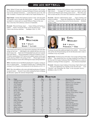 14
2016 UCO SOFTBALL
Season	G-GS	AB	 R	 H	 2B	 3B	 HR	 RBI	SB-SBA	 Avg.
2013	 28-0	 1		 12	 0	 0	 0	 0	 0	 4-5	 .000
2014	 17-0	3		6	0	 0	0	0	 0	 0-1	 .000
Totals	45-0	4		0	0	 0	0	0	 0	 4-6	 .000
Freshman who provides additional depth to the outfield . . . Power hitter
who will be also fill pinch-hitting role for the Bronchos and is ready to
contribute in any way needed.
High School: Finished career with robust .543 average at Pioneer High
School . . . Was named Enid News & Eagle Northwest Area Player of
theYear and Tri-County Conference Most Valuable Player as a senior in
addition to earningAll-State recognition . . .Also lettered in basketball.
Personal: Education major looking to becoming a high school coach
. . . Names the Oklahoma City Thunder as her favorite team . . . Lists
“Hoosiers” and “Remember the Titans” as her top sports movies . . .
Birthdate is July 24, 1996.
5-8 • Utility
Freshman • Enid
Carli
Woolsey21
Fleet-footed senior and two-year letterwinner returning to the team after
sitting out last year . . . Adds depth in the outfield and also serves key
pinch-runner role . . . Starter for UCO basketball team and won’t join the
team until March . . . Played basketball at Missouri Southern in 2011-
12 before transferring to UCO and sat out redshirt season on the court
before playing softball in the spring of 2013 . . . Played again in 2014
and then missed last season after suffering knee injury during basketball.
2014: Joined the team in mid-March and played in 17 games, scoring six
runs as a pinch-runner . . . Averaged 6.4 points and 2.1 rebounds while
starting in 18 of 28 games on the hardcourts for the Bronchos in 2013-14.
2013: Was a late addition to the roster and ended up playing in 28 games
as a pinch runner . . . Scored 12 runs while stealing four bases in helping
the Bronchos capture the national championship.
5-5 • Utility
Senior • Luther
Haley
Weathers35
Juco: Belted 19 home runs, drove in 59 runs and had a .405 average
as a freshman at Seminole in earning All-Region II honors and leading
team to the national tournament . . . Came back last year to hit .364
with 16 doubles, 10 homers and 35 RBI as the Trojans finished 48-11.
High School: Earned All-Conference honors in fast- and slow-pitch
four straight years at Smithville High School . . . Received All-State
accolades as a senior and was named Offensive Player of the year . . .
Also a four-time All-Conference selection in basketball.
Personal: Physical therapy major . . . Enjoys fishing and hunting as
hobbies . . . Names “Facing the Giants” as her top sports movie . . . Lists
Usher as her favorite musician . . . Birthdate is Jan. 23, 1995.
High School: Four-time All-Conference pick in basketball at Luther
High School . . . Averaged 24.7 points a game as a junior and had
school-record 50-point game during senior season . . . Won three state
titles in track and also a two-time All-Conference selection in softball.
Personal: Business administration major . . . Enjoys hunting and
fishing as hobbies . . . Names the Oklahoma City Thunder as her top
sports team . . . Lists Luke Bryan as her favorite musician . . . Birthdate
is June 7, 1993.
2016 Roster
No.	 Name	 B/T	 Pos.	 Ht.	 Class	 Hometown (High School)
1	Ashleigh Tramel	 R/R	C/1B	5-9	Jr.	Grove (Grove)
4	 Morgan Heard	 R/R	 SS	 5-8	 So	 Midwest City (Carl Albert)
5	 Ally Dziadula	 L/R	 2B	 5-5	 Sr.	 Broken Arrow (Union)
7	 Lauren Kelley	 L/R	 OF	 5-7	 Fr.	 Tuttle (Tuttle)
8	 Shelby Carel	 L/R	 OF	 5-5	 So.	 Tuttle (Tuttle)
9	Carrie Abrams	 L/R	OF	5-4	So.	Yukon (Yukon)
10	 Brooke Zukerman	 R/R	 OF	 5-7	 Sr.	 Lawton (MacArthur)
11	 Tori Collet	 R/R	 C	 5-7	 Jr.	 Houston, Texas (Jersey Village)
12	 Nicole Brady	 R/R	 P	 5-7	 Sr.	 Tulsa (Union)
13	 JoBi Heath	 R/R	 UT	 5-7	 Fr.	 Edmond (Santa Fe)
14	 Ashton Smith	 R/R	 3B	 5-6	 Sr.	 Edmond (North)
15	 Carli Jones	 L/R	 1B	 5-7	 Fr.	 Inola (Inola
17	 Halley Randolph	 R/R	 C/IF	 5-8	 Fr.	 Stillwater (Stillwater)
21	 Carli Woolsey	 R/R	 UT	 5-8	 Fr.	 Enid (Pioneer)
22	Lexi Watson	 R/R	IF	5-5	Jr.	Smithville (Smithville)
25	 Rachel Harper	 L/R	 OF	 5-2	 Sr.	 Stillwater (Stillwater)
27	 Abbie Lancaster	 R/R	 P	 6-1	 Fr.	 Idabel (Idabel)
28	 Mo Selman	 R/R	 P	 5-6	 RS Fr.	 McAlester (McAlester)
35	 Haley Weathers	 R/R	 UT	 5-5	 Sr.	 Luther (Luther)
45	Jessi Walker	 R/R	 P	5-8	Jr.	Grove (Grove)
 