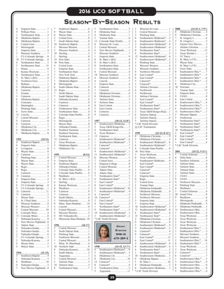 25
2016 UCO SOFTBALL
4	 Emporia State.................. 7
9	 William Penn................... 1
1	 Northeastern State........... 4
0	 Oklahoma Baptist............ 1
0	 Oklahoma Baptist............ 2
4	 Central Iowa.................... 3
5	Morningside.................... 3
1	 Emporia State.................. 4
5	 Missouri Southern........... 7
1	 CU-Colorado Springs...... 0
10	 CU-Colorado Springs...... 0
4	 Northeastern State........... 3
3	 Northeastern State......... 15
1	Doane.............................. 0
4	 Kansas Wesleyan............. 1
0	 Northeastern State........... 4
7	 St. Mary’s (KS)............... 0
6	 Northwest Iowa............... 1
2	Bethany........................... 1
0	 Oklahoma Baptist............ 2
6	Cameron.......................... 0
7	Friends............................. 1
5	Cameron.......................... 1
0	 Oklahoma Baptist............ 2
5	Centenary........................ 1
2	Huntingdon...................... 1
1	 Pittsburg State................. 0
0	 Ferris State...................... 3
12	Lincoln............................ 2
2	 Central Missouri ............. 0
9	Cameron.......................... 0
8	Cameron.......................... 1
1	 Oklahoma City................ 7
4	 Oklahoma City................ 9
1	 Oklahoma Baptist............ 0
1993	(24-11)
4	 Southwest Baptist............ 0
0	 Emporia State.................. 1
6	Livingston....................... 0
6	 Wayne State..................... 0
11	Cameron.......................... 3
7	 Pittsburg State................. 8
2	 Wayne State..................... 4
6	 Wayne State..................... 2
4	Regis................................ 0
4	Regis................................ 3
5	Cameron.......................... 0
15	Cameron.......................... 3
4	 Emporia State.................. 2
4	 Emporia State.................. 3
8	 CU-Colorado Springs...... 0
9	 CU-Colorado Springs...... 1
12	Cameron.........................11
11	Cameron.......................... 5
1	 Wayne State..................... 5
5	 St. Cloud State................. 3
3	 Missouri Southern........... 0
0	 Missouri Western............. 2
2	 Central Missouri............ 10
9	 Colorado Mesa................ 4
13	 Colorado Mines............... 0
1	Nebraska-Kearney........... 0
3	 New Mexico Highlands... 0
3	 Adams State.................... 2
2	Nebraska-Omaha............. 9
3	Nebraska-Omaha............. 8
2	Nebraska-Omaha............. 6
7	 CU-Colorado Springs...... 5
3	Nebraska-Kearney........... 4
9	 Wayne State..................... 2
4	 Wayne State..................... 5
1994	(31-15)
3	 Southwest Baptist............ 4
1	Nebraska-Kearney........... 3
8	Washburn....................... 10
0	Nebraska-Omaha............. 3
5	 New Mexico Highlands... 0
7	 Southwest Baptist.................6
8	 Wayne State..........................0
0	 Wayne State..........................3
2	 Central Iowa.........................0
7	 South Dakota State...............0
10	 Southwest Baptist.................0
5	 Missouri Western..................2
2	 Missouri Southern................4
10	Sterling.................................2
2	Sterling.................................0
19	 Peru State.............................0
10	 Peru State.............................1
4	 Central Iowa.........................5
1	 Emporia State.......................2
7	 Northeastern State................1
7	 New York Tech.....................1
7	 Oklahoma Baptist.................0
7	 Oklahoma Baptist.................4
0	Morningside.........................1
6	 South Dakota State...............0
15	Regis.....................................0
7	 North Dakota........................2
7	 South Dakota State...............3
1	Nebraska-Kearney................0
7	Cameron...............................0
6	Cameron...............................4
3	 Northeastern State................8
3	 Northeastern State................4
2	 Colorado State-Pueblo.........0
6	Regis.....................................0
2	Morningside.........................3
1	 Wayne State..........................0
1	Nebraska-Omaha..................3
8	 Southern Nazarene...............6
2	 Southern Nazarene...............1
5	 Northeasten State.................1
13	Cameron...............................4
3	 Texas Wesleyan....................1
3	 Oklahoma Baptist.................5
1	 Oklahoma City.....................5
1995 	 (8-13)
2	 Central Missouri ..................3
4	 Emporia State.......................3
8	 Southwest Baptist.................2
1	Nebraska-Omaha..................6
1	 Colorado State-Pueblo.........0
2	 Colorado State-Pueblo.........0
0	Washburn..............................7
7	 St. Mary’s (KS)....................1
6	Sterling.................................7
4	 Kansas Wesleyan..................3
0	Washburn..............................1
4	Cameron...............................8
7	Cameron...............................4
4 	 South Dakota........................6
5	Nebraska-Kearney................8
0	 Minn. State-Mankato..........14
2	Lincoln.................................0
2	 Central Missouri...................3
4	 Missouri Western..................5
0	SIU-Edwardsville.................2
2	 Minnesota State-Mankato..10
1996	(26-17)
2	 Central Missouri...................5
3	 South Dakota State...............1
4	 Pittsburg State......................5
7	 Northwest Missouri..............0
1	 Central Missouri...................9
1	 Minn. St.-Moorhead.............0
10	 Northern State......................0
0	Nebraska-Kearney..............10
1	 South Dakota........................2
3	Augustana.............................1
1	 Central Missouri...................3
5	 Tarleton State........................3
10	 Tarleton State........................5
0	 Northeastern State................7
5	 Northeastern State................3
4	 Oklahoma State....................5
4	 Oklahoma State....................1
5	 Truman State........................0
13	 Colorado State-Pueblo.........2
8	 Missouri-St. Louis................1
2	 Central Missouri...................1
6	 New Mexico Highlands........1
5	 Missouri Southern................7
1	 Emporia State.......................9
8	 St. Mary’s (KS)....................0
9	 St. Mary’s (KS)....................4
0	 Northeastern State................4
1	 Northeastern State................2
0	 Central Missouri...................4
10	 Missouri Southern................3
4	 Missouri Southern................0
4	Lincoln.................................3
1	 Emporia State.......................6
9	Cameron...............................2
7	Cameron...............................6
5	 Oklahoma Christian.............8
0	 Oklahoma Christian.............2
1	 Tarleton State........................3
9	 Tarleton State........................1
8	 East Central..........................1
5	 East Central..........................4
9	Cameron...............................1
9	Cameron...............................1
1997	 (18-13, 12-8*)
8	 Southwestern Oklahoma......3
5	 Texas A&M-Kingsville........1
0	 Northeastern State................3
4	 Texas Woman’s.....................5
15	Cameron...............................4
1	 Southeastern Oklahoma*.....6
1	 Southeastern Oklahoma*.....7
2	Cameron*.............................7
6	Cameron*.............................7
9	 Southwestern Oklahoma*....1
11	 Southwestern Oklahoma*....1
0	 Missouri Western..................5
7	 Central Iowa.........................6
2	 Simpson College..................8
3	 Central Missouri...................4
7	 Adams State.........................6
9	 Adams State.........................1
7	 Northeastern State*..............3
6	 Northeastern State*..............7
3	 East Central*........................2
8	 East Central*........................3
2	 Southeastern Oklahoma*...10
7	 Southeastern Oklahoma*.....9
4	Cameron*.............................2
10	Cameron*.............................2
3	 East Central*........................2
4	 East Central*........................2
1	 Northeastern State*..............2
9	 Northeastern State*..............5
10	 Southwestern Oklahoma*....3
3	 Southwestern Oklahoma*....2
*-LSC North Division
1998	 (24-15, 13-7*)
6	 Southeastern Oklahoma*.....0
3	 Southeastern Oklahoma*.....5
6	 Oklahoma City.....................5
0	 Oklahoma City...................16
12	Cameron*.............................1
0	Cameron*.............................8
3	 Northeastern State................2
2	Augustana...........................11
3	Missouri-St.Louis.................1
2	 Central Missouri...................1
2	 Pittsburg State......................3
6	 Southeastern Oklahoma*.....2
6	 Southeastern Oklahoma*.....4
5	 Southwestern Oklahoma*....0
5	 Southwestern Oklahoma*....6
0	 Northeastern State*..............2
4	 Northeastern State*..............5
12	 Southwestern Oklahoma*....0
7	 Southwestern Oklahoma*....2
3	 Pittsburg State......................2
2	 Missouri Western..................8
1	 Missouri Southern................0
8	 Northwest Missouri..............7
4	 East Central*........................1
6	 East Central*........................3
5	Cameron*.............................2
5	Cameron*.............................4
2	 Abilene Christian.................4
4	Northwood............................6
3	Northwood............................6
2	 Abilene Christian.................0
1	 East Central*........................5
2	 East Central*........................1
2	 Northeastern State*..............1
2	 Northeastern State*..............3
2	 Texas A&M-Kingsville@....1
6	 Tarleton State@....................3
2	 Tarleton State@....................6
5	 Tarleton State@....................4
*-LSC North Division
@-LSC Tournament
1999	 (23-23, 8-12*)
0	 Oklahoma Christian.............9
3	 Oklahoma Christian.............2
5	 Southeastern Oklahoma*.....8
6	 Southeastern Oklahoma*.....7
4	 Colorado State-Pueblo.........0
10	 Peru State.............................1
5	 Texas Wesleyan....................4
0	 Texas Lutheran.....................6
5	 Southeastern Oklahoma.......9
1	 East Central*........................5
1	 East Central*........................2
5	Cameron*.............................7
3	Cameron*.............................2
2	 Emporia State.......................3
0	Regis.....................................1
2	 Central Iowa.........................4
2	 Truman State........................1
5	 Oklahoma Panhandle...........1
7	 Oklahoma Panhandle...........4
1	 Northwest Missouri..............2
3	 Northwest Missouri..............2
5	 Emporia State.......................3
7	 Emporia State.......................2
10 	 Southwestern Oklahoma*....3
13	 Southwestern Oklahoma*....0
8	 Northeastern State*..............0
15	 Northeastern State*..............1
2	 Oklahoma Christian.............0
0	 Oklahoma Christian.............8
2	 Southeastern Oklahoma*.....4
3	 Southeastern Oklahoma*.....5
0	Cameron*.............................4
0	Cameron*.............................3
1	 East Central*......................13
6	 East Central*......................11
3 	 Southwestern Oklahoma*....0
8	 Southwestern Oklahoma*....6
4	 Northeastern State*..............2
1	 Northeastern State*..............4
10	 Southwestern Oklahoma......3
8	 Oklahoma Baptist.................3
5	 St. Mary’s...........................10
4	 Oklahoma Panhandle...........5
6	 Southwestern Oklahoma......3
*-LSC North Division
2000	 (14-22-1, 7-9*)
0	 Oklahoma Christian........2
0	 Oklahoma Christian........4
7	 St. Gregory’s...................6
5	 St. Gregory’s...................5
5	 Eastern New Mexico.......3
1	 Abilene Christian............3
1	 Texas Wesleyan.............12
3	 Texas Woman’s................5
1	 UC Davis.........................5
2	 St. Mary’s (TX)...............6
7	 Wayne State.....................2
2	 St. Mary’s (TX)...............7
1	 Ferris State......................6
0	 Southeastern Okla.*........7
1	 Southeastern Okla.*........5
0	 Southeastern Okla.*........6
1	 Southeastern Okla.*........2
0	 Oklahoma City................7
10	Newman..........................6
1	 Truman State.................15
1	 Emporia State..................3
9	USAO..............................8
0	 East Central.....................6
4	 Southwestern Okla.*.......6
4	 Southwestern Okla.*.......1
6	 Southwestern Okla.*.......3
11	 Southwestern Okla.*.......1
2	 Missouri Baptist..............1
5	Northwood.......................1
8	 Northeastern State*.........2
5	 Northeastern State*.........3
4	 Northeastern State*.........0
10	 Northeastern State*.........7
2	 East Central*...................6
0	 East Central*...................8
6	 East Central*...................9
1	 East Central*...................6
*-LSC North Division
2001	 (24-22, 5-11*)
5	 Central Arkansas.............3
0	 Delta State.......................6
5	 Southern Arkansas...........4
2	 Tarleton State...................4
1	 Tarleton State...................0
7	 Tarleton State...................5
2	 Tarleton State...................1
2	USAO..............................1
9	USAO..............................1
9	 Northwest Missouri.........8
4	 Pittsburg State.................1
4	Washburn.........................7
1	 Central Arkansas.............8
20	 Grand View.....................8
9	Washburn.........................6
1	Morningside....................0
1	 Oklahoma Panhandle......9
2	 Oklahoma Panhandle......3
11	 Northwestern Okla..........3
1	 Northwestern Okla..........2
1	 Texas Wesleyan...............8
2	 Texas Wesleyan...............3
2	 Texas Wesleyan...............1
2	 Texas Wesleyan...............1
2	 Southeastern Okla.*........1
1	 Southeastern Okla.*........3
1	 Missouri Southern...........6
1	 Missouri Southern...........2
2	 Southeastern Okla.*......10
0	 Southeastern Okla.*........3
3	 Texas Wesleyan...............2
3	 Texas Wesleyan...............2
5	Cameron*........................1
6	Cameron*........................7
1	 Southwestern Okla.*.......2
5	 Southwestern Okla.*.......9
8	 Northwestern Okla..........0
6	 Northwestern Okla..........0
3	 Southwestern Okla.*.......0
Season-By-Season Results
Genny
Stidham
1998-13
475-289-2
 