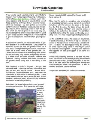 Page 6Master Gardener Volunteers—Summer 2013
Straw Bale Gardening
From Sherry Speth
A few weeks ago I was listening to Larry Meiller‘s
―Garden Talk‖ radio program featuring Joel Karsten,
author of Straw Bale Gardens. Joel was a very inter-
esting speaker and, though it sounded like one of
those gardening technique fads, I became interest-
ed in his message. My ears picked-up when the
author mentioned that straw bales are great for rais-
ing potatoes. I love fresh dug potatoes from the gar-
den, which are hard to grow in our heavy clay soil.
He also stated that straw bale gardens can be used
to grow sweet potatoes and peanuts, which are hard
to grow in Wisconsin‘s relatively short growing sea-
son.
At Bookworm Gardens, we have many kinds of gar-
dens based on a variety of books. One garden we
hoped to expand on was the garden based on a
book about George Washington Carver, which con-
sisted of a plant stand in the greenhouse. Dr.
Carver was instrumental in developing ways to en-
rich the soil using crop rotation and planting a varie-
ty of foods such as sweet potatoes, peanuts and
soybeans. Adding peanuts and sweet potatoes to
our garden would really add to the telling of the
book.
After listening to Larry‘s program, I bought Joel
Karsten‘s book. The book was very informative and
easy to read with lots of photos. Kaurie Mihm,
Bookworm‘s Garden Manager, and I have used his
information to establish a straw bale garden. I have
raised sweet potatoes some years ago with limited
success - very small yield. We are hoping for better
results with straw bale gardening.
Joel stated that straw bale gardening can be used
for most garden crops. This gardening technique
sounded
perfect or,
at least,
easy. It
sounded
so good,
Kaurie de-
cided to do
her whole
garden this
year in
straw
bales.
Kaurie has planted 20 bales at her house, and I
have planted 6.
Now, how this works is…you place your straw bales
on landscape fabric or a weed barrier of some kind
in full sun with the twine on the sides of the bales.
For the first 2-weeks, the bales should be condi-
tioned by adding fertilizer and watering using a
schedule the author has developed. The condition-
ing starts composting the bales and thereby gener-
ating heat. The heat helps the plants to grow faster.
At the end of two weeks, the bales can be planted.
If seeds are used, a thin layer of top soil should be
added to the top surface of the bale as a seed medi-
um. The bales will decompose during the summer,
so some support using posts or wire may be useful
to hold the bales together. Stringing wire between
the supports will also give support to tall plants like
tomatoes.
Straw bale gardening appears to be ideal for pota-
toes. In addition to the looser growing environment
(as compared to clay), planting the potato at the bot-
tom of the bale forces the stem to grow through the
bale allowing for more tuber production. It also al-
lows for an easier, cleaner harvest.
Stay tuned, we will let you know our outcomes.
 