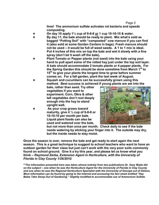 Page 2
lime! The ammonium sulfate activates rot bacteria and speeds
composting.
On day 10 apply 1½ cup of 8-8-8 or 1 cup 10-10-10 & water.
By day 11, the bale should be ready to plant. Mix what’s sold as
bagged “Potting Soil” with “composted” cow manure if you can find
it (also sold at some Garden Centers in bags). Fresh manure should
not be used – it would be full of weed seeds. A 1 to 1 mix is ideal.
Put 4 inches of this mix on top the bale and wet it slowly with a fine
spray (don’t let it wash off the bale).
Plant Tomato or Pepper plants (not seed) into the bale using your
hand to pull apart some of the rotted hay just under the top soil layer.
A bale should accommodate 2 tomato plants or 4 pepper plants. For
the Spring Garden this should be done sometime from March 1st
to
15th
to give your plants the longest time to grow before summer
comes on. For a fall garden, plant the last week of August.
Squash and cucumbers can be successfully grown using this
method. Best success is achieved if young plants are set into the
bale, rather than seed. Try other
vegetables if you want to
experiment. Corn, Okra & other
tall vegetables don’t root deeply
enough into the hay to stand
upright well.
As your crop grows toward
maturity, give it ½ cup of 8-8-8 or
10-10-10 per month per bale.
Liquid plant foods can also be
used and watered over the bale,
but not more than once per month. Check daily to see if the bale
needs watering by sticking your finger into it. The outside may dry,
but the inside needs to stay moist.
Once the season is over, remove the bale and get ready to start again the next
season. This is a great technique to suggest to school teachers who want to have an
outdoor garden for their class but just can’t work with the very poor soils commonly
found on school ground. Give it a try this year, and please let us know what you
think – Raymond Zerba, Extension Agent in Horticulture, with the University of
Florida in Clay County 1/26/2010.
**The information presented here was taken almost entirely from two publications Dr. Gary Wade did
on the subject – one when he was the Horticulture Agent for the University of Florida in Clay County
and one when he was the Regional Horticulture Specialist with the University of Georgia out of Athens.
More information can be found by going to the internet and accessing his fact sheet entitled “Hay
Bales Take Stoop Out of Gardening.” Slightly modified to accommodate use of Ammonium Sulfate.
 