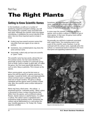Part Five:

The Right Plants
Getting to Know Scientific Names                             Sometimes, the plant may have a third and fourth
                                                             name, especially when several distinct forms occur.
                                                             You will see words like varieties (var.), subspecies
In this handbook, as well as in a number of
                                                             (subsp.) or forms (f.) written after the species.
gardening magazines and plant catalogs, you will
find a botanical or scientific name associated with
                                                             In some cases the scientific name may not have a
each plant. Although the scientific name may appear
                                                             species, such as when a cultivar is a hybrid of two or
intimidating, it establishes the correct identity of the
                                                             more species. In that case, the genus name will be
plant. Here are three important points to keep in
                                                             followed by the cultivar.
mind.
                                                             Occasionally, you will find a trademark associated
n	 A plant may have several common names that
                                                             with a plant name. This marketing name is not
   may differ from one region of our state to
                                                             a part of the scientific name; however, it can be
   another.
                                                             confused with the cultivar name, especially when the
n	 Sometimes, two unrelated plants may share the             cultivar is a nonsensical word in contrast to the more
   same common name.                                         descriptive and appealing trademark name.

n	 Fortunately, a plant only can have one scientific
   or “given” name.

The scientific name has two words, almost like our
first and last names. Our last name identifies us
generically as being a member of a particular group,
such as Smith, Jones or Sabal. In plant talk, it is called
the genus. Our first name specifically identifies us,
such as John, Mary or palmetto. This is known as the
species.

When naming plants, we put the last name or
genus first and the specific or species name last. For
example, it would be Smith, John and Sabal palmetto
whose common name is cabbage palmetto, the
state tree of South Carolina. The genus is always
capitalized and the species name is written in lower
case. Also, the scientific name is either italicized or
underlined.

Plants may have a third name – the cultivar – a
shortened word for “cultivated variety.” When a plant
is discovered to have a unique characteristic that
differs from the species, such as different-colored
flowers, shorter stature or colorful leaves, it is called
a cultivar. The cultivar name is capitalized and is
enclosed by single quotation marks. Sometimes the
cultivar may be abbreviated to cv. and written this
way: Camellia japonica cv. ‘Dr. Tinsley’ (Dr. Tinsley
                                                                                                        Stock Photography
Japanese camellia).                                          Begonia tuberhybridacultorum



34	                                                                               S.C. Smart Gardener Handbook
 