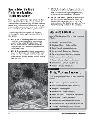 How to Select the Right                                   n	 Step 3: Create a plan to fit your site. Identify
                                                             plants that will thrive with little maintenance in
Plants for a Beautiful,                                      each situation as well as providing the colors,
                                                             scents, fruits or other qualities you desire.
Trouble-free Garden                                       n	 Step 4: Give plants a good start. Prepare your
When you grow plants in the right conditions, they           soil with compost, plant properly, mulch and
thrive with minimal care. By choosing plants well            follow healthy watering practices. For more
adapted to each garden situation, you save time and          information, see the “Healthy soil is the key” and
money, reduce maintenance, help prevent pests and            “Smart Watering” sections in this handbook.
diseases and leave more clean water for the wildlife.
Plan now and enjoy the benefits for years to come.

This handbook takes you through the following              Dry, Sunny Gardens ...
simple steps for choosing plants that will flourish in
your garden:                                               A few of the plants that thrive in these conditions
                                                           include:
n	 Step 1: Get to know your site. Learn about the
   conditions in each part of your garden. Once
                                                           n	 Beebalm – Monarda didyma;
   you know your soils and microclimates – the
   areas in your landscape with unique climatic            n	 Black-eyed Susan – Rudbeckia hirta;
   characteristics – you can choose plants that will
   thrive in each area.                                    n	 Butterflyweed – Asclepias tuberosa;
n	 Step 2: Dream a garden. Decide how you want             n	 Joe-pye weed – Eupatorium fistulosum;
   to use your landscape and consider all the ways
   plants can help you create play areas, colorful         n	 Purple coneflower – Echinacea purpurea;
   flower displays, privacy or shade, wildlife habitat,    n	 Stokes aster – Stokesia laevis;
   food and more.
                                                           n	 St. John’s Wort – Hypericum frondosum;
                                                           n	 Switch grass – Panicum virgatum; and
                                                           n	 Yarrow – Achillea millefolium.



                                                           Shady, Woodland Gardens ...
                                                           A few of the plants that thrive in these conditions
                                                           include:

                                                           n	 Bloodroot – Sanguinaria canadensis;
                                                           n	 Blue woodland phlox – Phlox divaricata;
                                                           n	 Fire pink – Silene virginica;
                                                           n	 Foam flower – Tiarella cordifolia;
                                                           n	 Green and gold – Chrysogonum virginianum;
                                                           n	 Indian pink – Spigelia marilandica;
                                                           n	 Jacks in-the-Pulpit – Arisaema triplyllum;
                                                           n	 Maindenhair fern – Adiantum pedatum; and
                                                           n	 Solomon’s Seal – Polygonatum biflorum.



36	                                                                          S.C. Smart Gardener Handbook
 