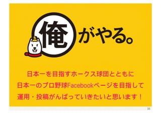 33 
今シーズンの目標 
日本一！へのファンの声援を後押しできるよう（笑） 
本ページは前述内容もふまえながら次項のパフォーマンスを目指します！ 
 