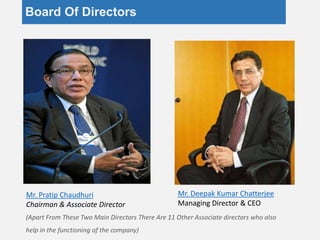 Board Of Directors
(Apart From These Two Main Directors There Are 11 Other Associate directors who also
help in the functioning of the company)
Mr. Pratip Chaudhuri
Chairman & Associate Director
Mr. Deepak Kumar Chatterjee
Managing Director & CEO
 