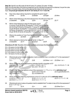 Memory based questions SBI PO
Exam held on 28-04-2013
Page 3Bank
Test Prep
Step VII: Salt 92 now 86 made 52 fell 40 extra 37 cookies 23 butter 19 Step
Step VII is the last step of the above arragement as the intended arrangement is obtained. As per the rules
followed in the given steps, find out the appropriate steps for the given input.
Input: 32 proud girl beautiful 48 55 97 rich family 61 72 17 nice life.
16. How many steps will be required to complete the given input?
(1) Five (2) Six (3) Seven (4) Eight (5) Nine
17. Which of the following is the third element from the left end of step VI?
(1) beautiful (2) life (3) 61 (4) nice (5) 17
18. Which of the following is step III of the given input?
(1) proud 72 girl 48 family 32 beautiful 17 55 97 rich 61 nice life.
(2) Life 55 girl 48 family 32 beautiful 17 proud 97 rich 61 72 nice
(3) girl 48 family 32 beautiful 17 proud 55 97 rich 61 72 nice life
(4) family 32 beautiful 17 proud girl 48 55 97 rich 61 72 nice life
(5) girl 48 life 55 family 32 beautiful 17 proud 97 rich 61 72 nice
19. What is the position of ‘nice’ from the left end in the final step?
(1) Fifth (2) Sixth (3) Seventh (4) Eighth (5) Ninth
20. Which element is third to the right of ‘family’ in Step V?
(1) beautiful (2) 17 (3) proud (4) 97 (5) 32
Directions (21-25): Read the information carefully and answer the following questions:
If A + B means A is the father of B.
If A × B means A is the sister of B
If A $ B means A is the wife of B.
If A % B means A is the mother of B.
If A ÷ B means A is the son of B.
21. What should come in place of question mark to establish that J is brother of T in the expression?
J ÷ P % H ? T % L
(1) × (2) ÷ (3) $ (4) Either ÷ or × (5) Either + or ÷
22. Which among the given expressions indicates that M is daughter of D?
(1) L % R $ D + T × M (2) L + R $ D + M × T (3) L % R % D + T ÷ M
(4) D + L $ R + M × T (5) L $ D ÷ R % M ÷ T
23. Which of the following options is true if the expression ‘I + T % J × L ÷ K’ is definitely true?
(1) L is daughter of T (2) K is son-in-law of I (3) I is grandmother of L
(4) T is father of J (5) J is brother of L
24. Which among the following expressions is true if Y is the son of X is definitely false?
(1) W % L × T × Y ÷ X (2) W + L × T × Y ÷ X (3) X + L × T × Y ÷ W
(4) W $ X + L + Y + T (5) W % X + T × Y ÷ L
25. What should come in place of question mark to establish that T is sister-in-law of Q in the expression?
R % T × P ? Q + V
(1) ÷ (2) % (3) × (4) $ (5) Either $ or ×
 