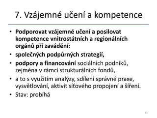 7. Vzájemné učení a kompetence
• Podporovat vzájemné učení a posilovat
  kompetence vnitrostátních a regionálních
  orgánů při zavádění:
• společných podpůrných strategií,
• podpory a financování sociálních podniků,
  zejména v rámci strukturálních fondů,
• a to s využitím analýzy, sdílení správné praxe,
  vysvětlování, aktivit síťového propojení a šíření.
• Stav: probíhá

                                                       15
 