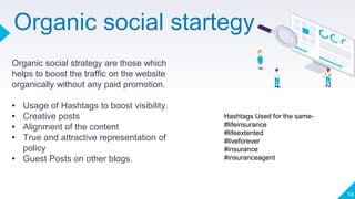 Organic social startegy
14
Organic social strategy are those which
helps to boost the traffic on the website
organically without any paid promotion.
• Usage of Hashtags to boost visibility.
• Creative posts
• Alignment of the content
• True and attractive representation of
policy
• Guest Posts on other blogs.
Hashtags Used for the same-
#lifeinsurance
#lifeextented
#liveforever
#insurance
#insuranceagent
 