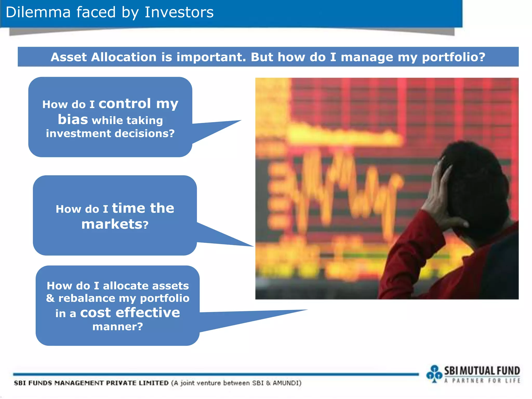 Dilemma faced by Investors
How do I control my
bias while taking
investment decisions?
How do I time the
markets?
How do I allocate assets
& rebalance my portfolio
in a cost effective
manner?
Asset Allocation is important. But how do I manage my portfolio?
 
