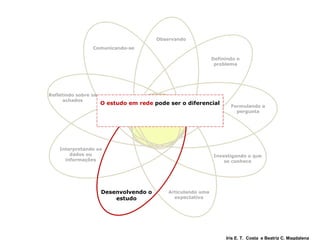 Definindo o problema Formulando a pergunta Investigando o que se conhece Articulando uma expectativa Desenvolvendo o estudo Interpretando os dados ou informações Refletindo sobre os achados Comunicando-se   Observando O estudo em rede  pode ser o diferencial Iris E. T.  Costa  e Beatriz C. Magdalena PERGUNTAS 
