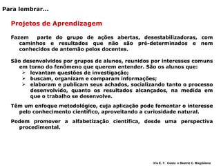 Para lembrar... Projetos de Aprendizagem Fazem  parte do grupo de ações abertas, desestabilizadoras, com caminhos e resultados que não são pré-determinados e nem conhecidos de antemão pelos docentes. São desenvolvidos por grupos de alunos, reunidos por interesses comuns em torno do fenômeno que querem entender. São os alunos que: levantam questões de investigação; buscam, organizam e comparam informações;  elaboram e publicam seus achados, socializando tanto o processo desenvolvido, quanto os resultados alcançados, na medida em que o trabalho se desenvolve. Têm um enfoque metodológico, cuja aplicação pode fomentar o interesse pelo conhecimento científico, aproveitando a curiosidade natural. Podem promover a alfabetização científica, desde uma perspectiva procedimental. Iris E. T.  Costa  e Beatriz C. Magdalena 