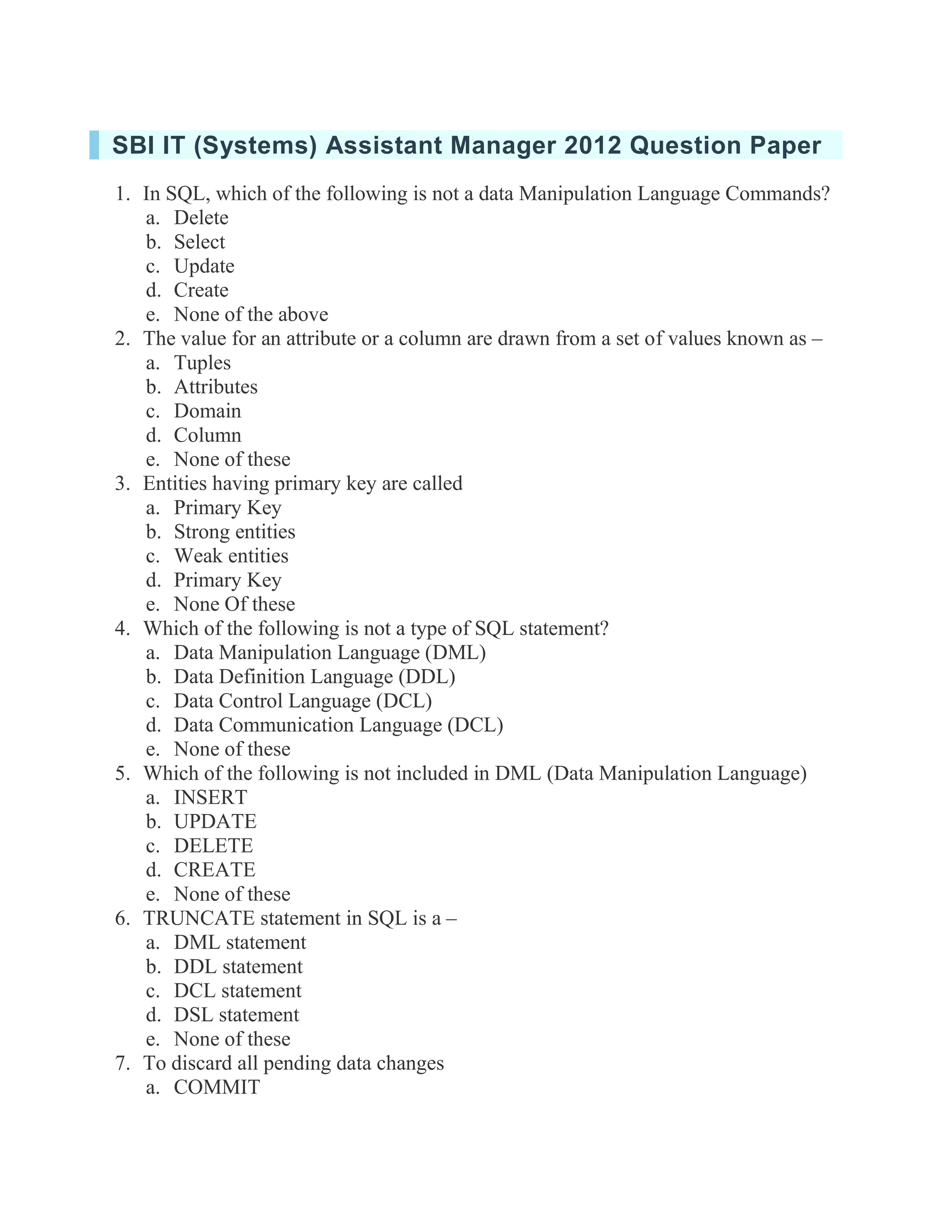 SBI IT (Systems) Assistant Manager Question Paper PDF