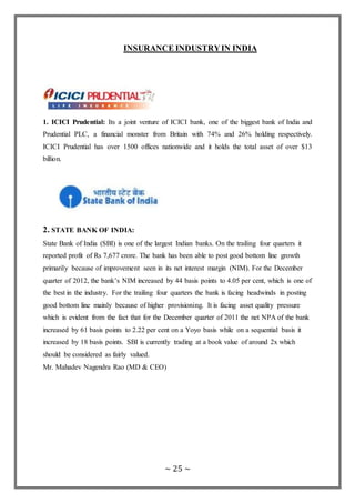 ~ 25 ~
INSURANCE INDUSTRYIN INDIA
1. ICICI Prudential: Its a joint venture of ICICI bank, one of the biggest bank of India and
Prudential PLC, a financial monster from Britain with 74% and 26% holding respectively.
ICICI Prudential has over 1500 offices nationwide and it holds the total asset of over $13
billion.
2. STATE BANK OF INDIA:
State Bank of India (SBI) is one of the largest Indian banks. On the trailing four quarters it
reported profit of Rs 7,677 crore. The bank has been able to post good bottom line growth
primarily because of improvement seen in its net interest margin (NIM). For the December
quarter of 2012, the bank’s NIM increased by 44 basis points to 4.05 per cent, which is one of
the best in the industry. For the trailing four quarters the bank is facing headwinds in posting
good bottom line mainly because of higher provisioning. It is facing asset quality pressure
which is evident from the fact that for the December quarter of 2011 the net NPA of the bank
increased by 61 basis points to 2.22 per cent on a Yoyo basis while on a sequential basis it
increased by 18 basis points. SBI is currently trading at a book value of around 2x which
should be considered as fairly valued.
Mr. Mahadev Nagendra Rao (MD & CEO)
 