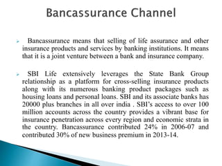  Bancassurance means that selling of life assurance and other
insurance products and services by banking institutions. It means
that it is a joint venture between a bank and insurance company.
 SBI Life extensively leverages the State Bank Group
relationship as a platform for cross-selling insurance products
along with its numerous banking product packages such as
housing loans and personal loans. SBI and its associate banks has
20000 plus branches in all over india . SBI’s access to over 100
million accounts across the country provides a vibrant base for
insurance penetration across every region and economic strata in
the country. Bancassurance contributed 24% in 2006-07 and
contributed 30% of new business premium in 2013-14.
 