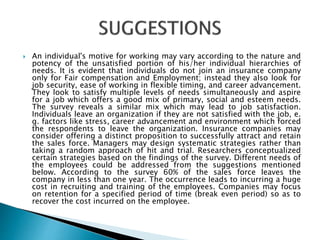  An individual's motive for working may vary according to the nature and
potency of the unsatisfied portion of his/her individual hierarchies of
needs. It is evident that individuals do not join an insurance company
only for Fair compensation and Employment; instead they also look for
job security, ease of working in flexible timing, and career advancement.
They look to satisfy multiple levels of needs simultaneously and aspire
for a job which offers a good mix of primary, social and esteem needs.
The survey reveals a similar mix which may lead to job satisfaction.
Individuals leave an organization if they are not satisfied with the job, e.
g. factors like stress, career advancement and environment which forced
the respondents to leave the organization. Insurance companies may
consider offering a distinct proposition to successfully attract and retain
the sales force. Managers may design systematic strategies rather than
taking a random approach of hit and trial. Researchers conceptualized
certain strategies based on the findings of the survey. Different needs of
the employees could be addressed from the suggestions mentioned
below. According to the survey 60% of the sales force leaves the
company in less than one year. The occurrence leads to incurring a huge
cost in recruiting and training of the employees. Companies may focus
on retention for a specified period of time (break even period) so as to
recover the cost incurred on the employee.
 